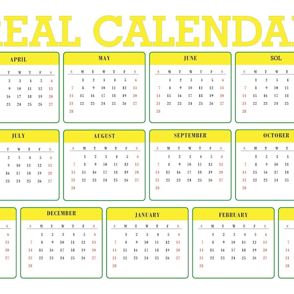 Real Calendar, Unique 28-Day Format, 364 Days Calendar, 13 Months Calendar, Printable SVG, PDF, PNG, Instant Download, April-March Calendar