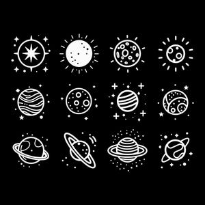 Space SVG-bundel | Planeet lijntekeningen & zonnestelsel gesneden bestanden | Universumpictogrammen voor Cricut Silhouette | Digitale download vectorkunst astronomie