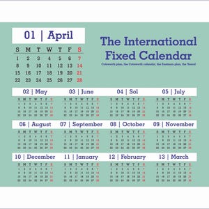 Afdrukbare kalender 13 maanden: 28 dagen kalender, april-maart (SVG/PDF/PNG)