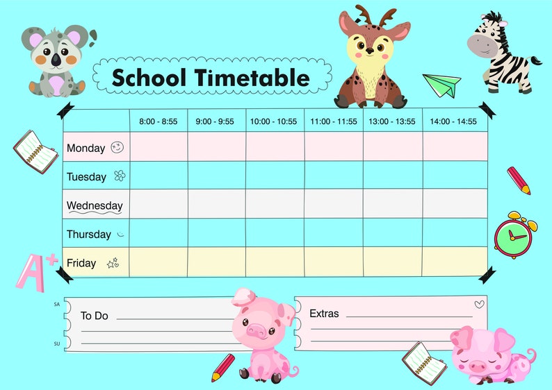 School Student Timetable Printable, 8AM to 14:55PM Schedule for ...