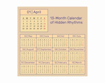 13-Month 28-Day Printable Calendar • Hidden Rhythms • Perpetual Seasonal Planner | SVG PNG