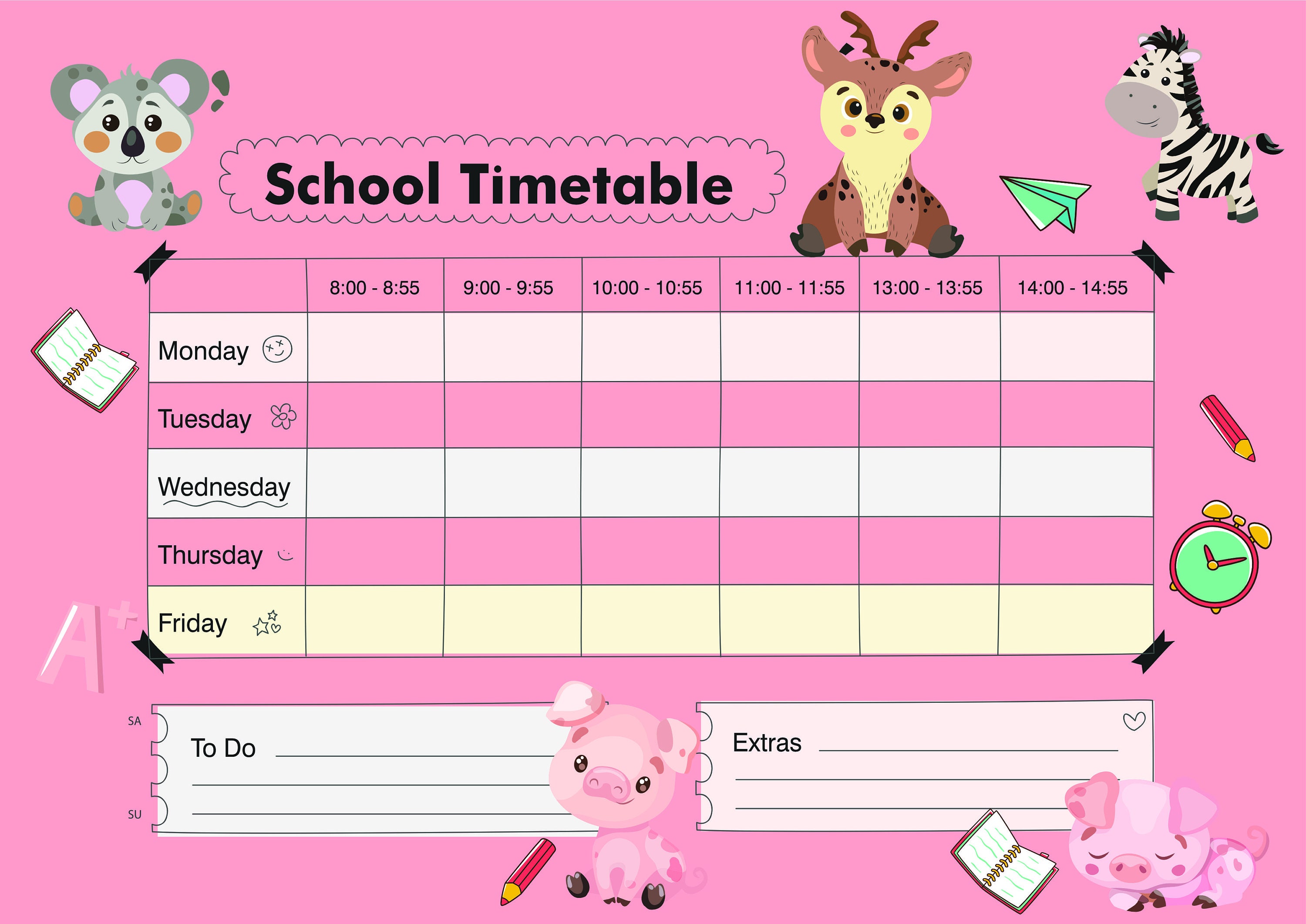School Student Timetable Printable, 8AM to 14:55PM Schedule for ...
