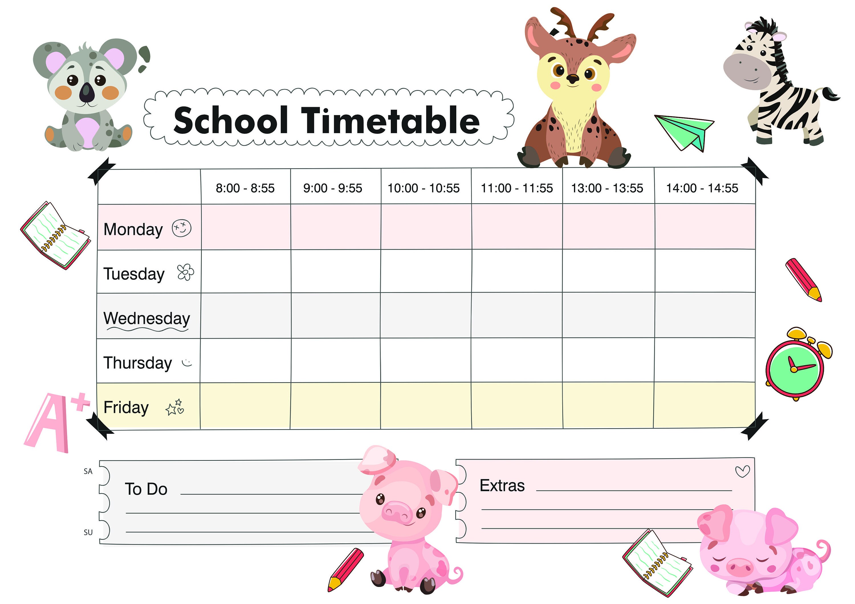 School Student Timetable Printable, 8AM to 14:55PM Schedule for Homeschool or Classroom ...