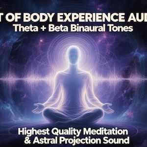 Puede incluir: Arte digital que promociona "Out of Body Experience Audio" con tonos binaurales Theta y Beta. La imagen presenta una figura meditando en posición de loto, rodeada de un fondo etéreo púrpura y azul. El texto promueve la meditación y la proyección astral.