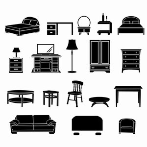 Op de afbeelding: Zwart-witte silhouet-illustraties van verschillende meubels, waaronder bedden, tafels, stoelen, dressoirs en een bank. De illustraties zijn eenvoudig en modern van stijl.
