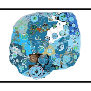 Puede incluir: Una impresión enmarcada que presenta un mapa detallado con una variedad de formas circulares e irregulares en tonos de azul, marrón y verde. El mapa incluye etiquetas de texto y está sobre un fondo blanco.