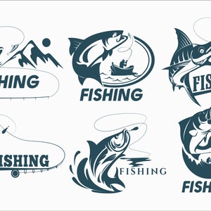 Puede incluir: Seis ilustraciones en blanco y negro de peces que son atrapados en una línea de pesca. Las ilustraciones están sobre un fondo blanco. La palabra "FISHING" aparece en cada ilustración.