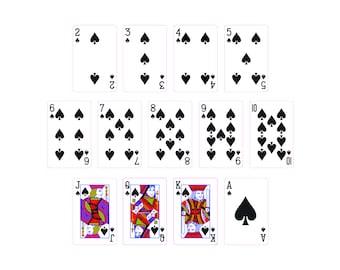 May include: A full deck of playing cards featuring the suit of spades. The cards are arranged in order from Ace to King, with the face cards showing their traditional designs.
