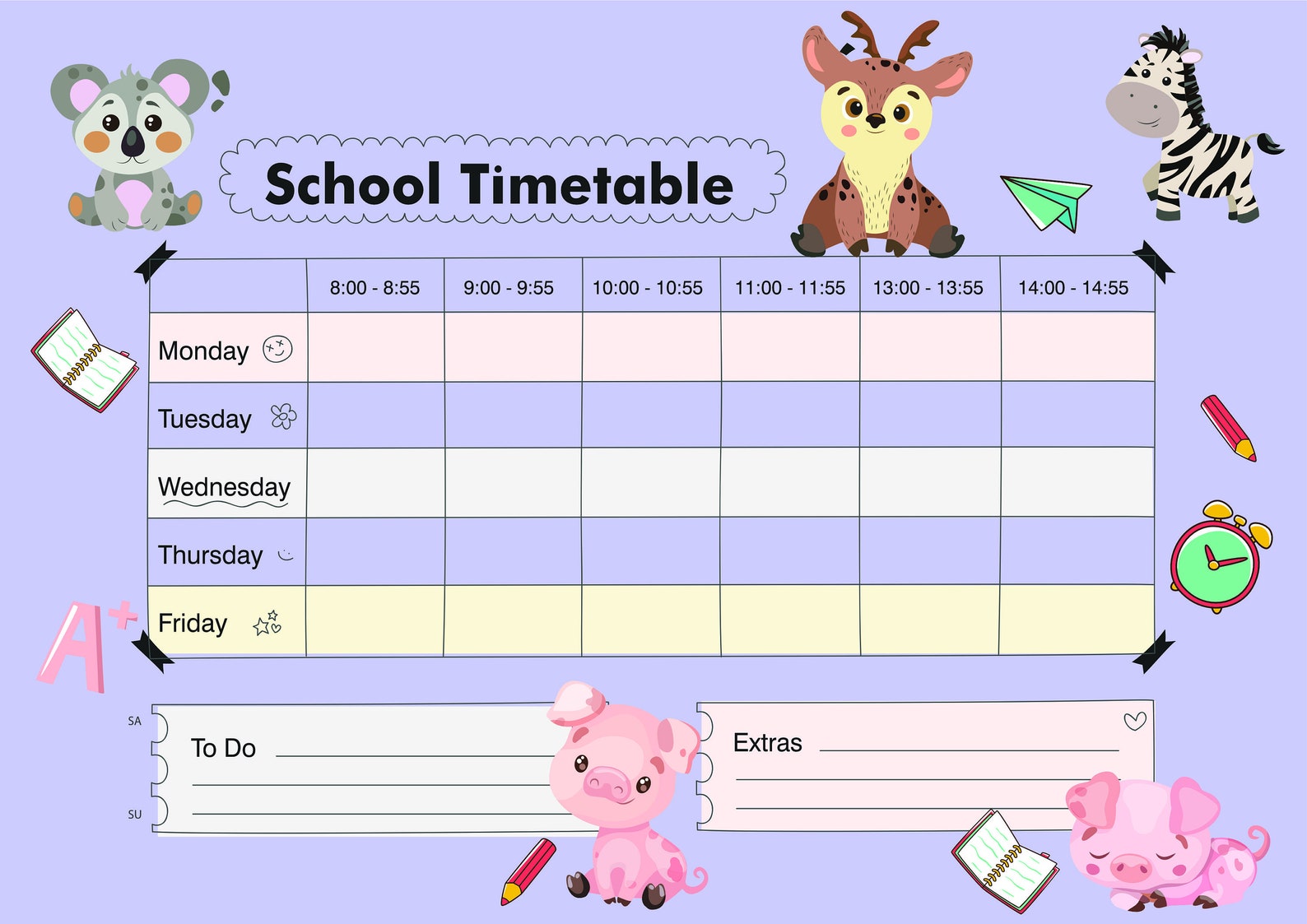 School Student Timetable Printable, 8AM to 14:55PM Schedule for Homeschool or Classroom ...