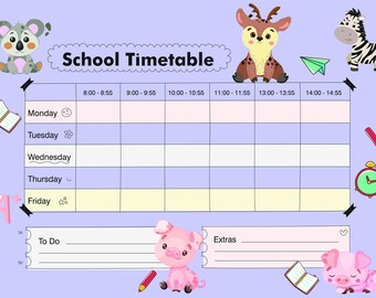 Puede incluir: Un horario escolar morado y blanco con una ilustración de koala, ciervo y cebra. El horario tiene los días de la semana, las horas y espacios en blanco para rellenar. La parte inferior del horario tiene una sección para "To Do" y "Extras" con una ilustración de cerdo.
