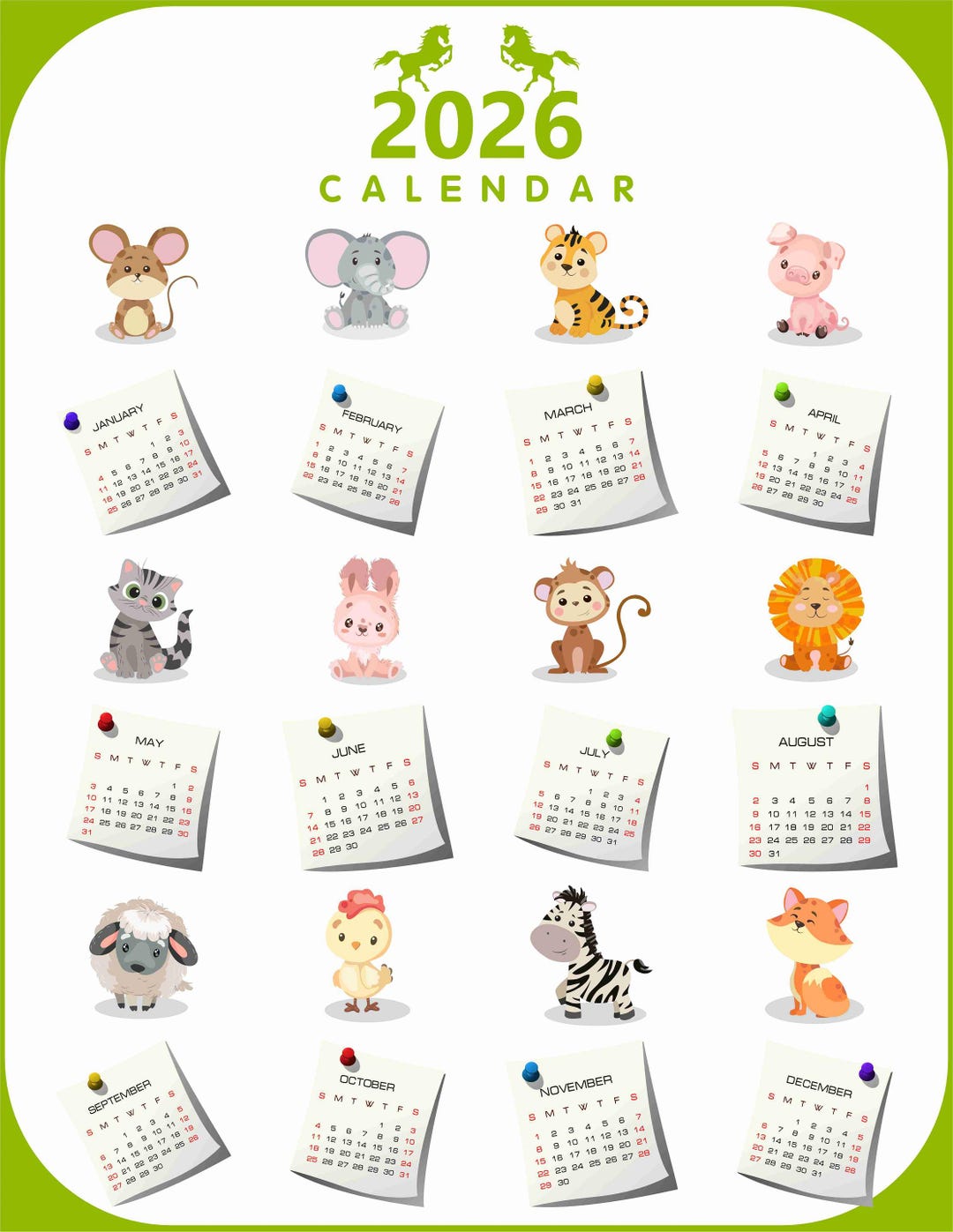 2026 Calendar for Kids | Cute Cartoon Animal Calendar | Year of the ...