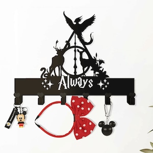 Always Metal Key Holder Deathly Hallows Wall Art Wizarding Magic Wand Sign Phoenix Deer Patronus Owl Entryway Rack Fantasy Movie Fan Gift