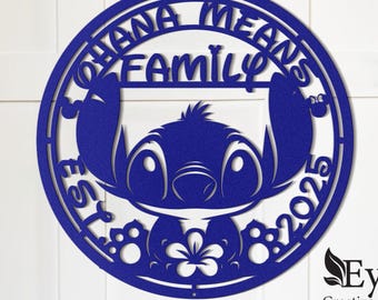 May include: Blue metal wall decor with a Stitch character from Lilo & Stitch. The circle reads "Ohana Means Family Est 2025".