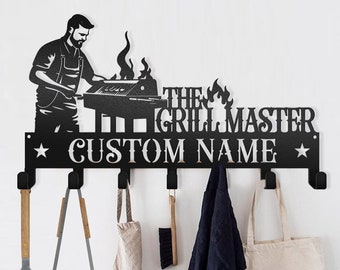 Custom BBQ Grill Master Hanger| Backyard Wall Organizers| Apron Hanger| BBQ Outdoor Kitchen Decor| Grilling Station Gift For Father&#39;s day