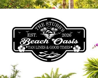 Personalized Beach Oasis Sign, Outdoor Deck Area Decor, Palm Dolphin Island Poolside Paradise