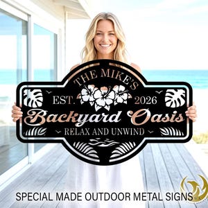 May include: Black metal sign with the text "THE MIKE'S Backyard Oasis" in a decorative font. The sign includes floral and leaf designs, the year "2026", and the phrase "RELAX AND UNWIND". The sign is held by a person.