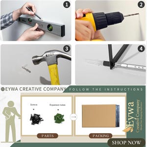May include: A step-by-step guide on how to install a wall shelf. The instructions include images of tools and materials needed, such as a level, drill, hammer, screws, and expansion tubes. The image also shows the packaging for the shelf.