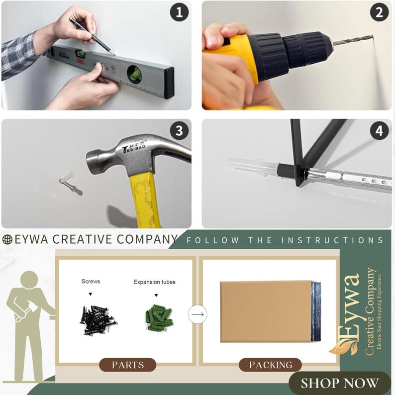 May include: A step-by-step guide on how to install a wall shelf. The instructions include images of tools and materials needed, such as a level, drill, hammer, screws, and expansion tubes. The image also shows the packaging for the shelf.