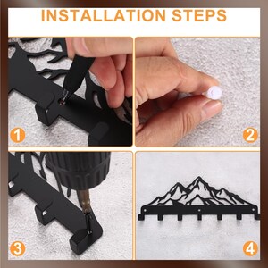May include: Installation steps for a black metal key holder with a mountain design. The steps show how to install the key holder using screws and anchors.