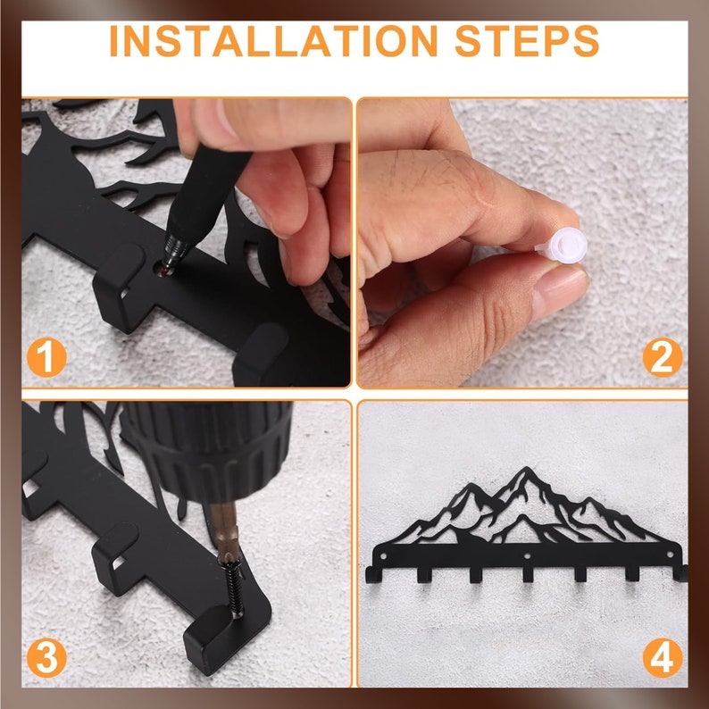 May include: Installation steps for a black metal key holder with a mountain design. The steps show how to install the key holder using screws and anchors.