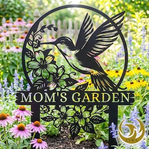 Custom Hummingbird Metal Garden Decor, Bird with Flower Garden Sign, Grandma's Garden, Personalized Garden Sign, Custom Garden Name Sign