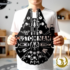Personalized millennium falcon metal sign Custom Name Spaceship Art Starwars Nursery Decor Kids Playroom Wall Hanging Galactic Pilot Art