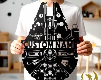 Personalized millennium falcon metal sign Custom Name Spaceship Art Starwars Nursery Decor Kids Playroom Wall Hanging Galactic Pilot Art