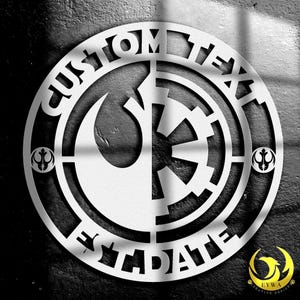 May include: A white, circular metal wall art piece with a split design. One half features a stylized bird, the other a cogwheel. The words "CUSTOM TEXT" and "EST. DATE" are cut out around the circle. Two smaller bird emblems are on the sides.