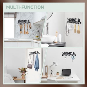 May include: Black metal wall hook with the text "Home Our Happy Place" and a house icon. The hook is shown in three different settings: a kitchen, a bathroom, and a home office. The hook is holding various items, including kitchen utensils, towels, and a purse.