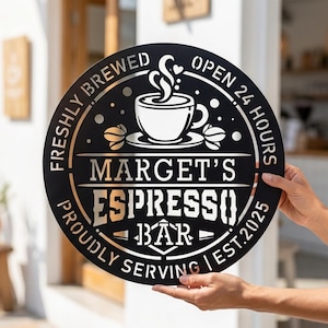 Coffee Bar Metal Wall Art Kitchen Decor Custom Coffee Shop Sign Personalized Station Plaque Entrance Door Gift Minimalist Espresso Cafe Gift