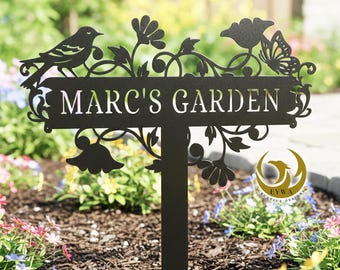 Customized Metal Garden Stake, Bird Flower Design, Personalized Garden Sign