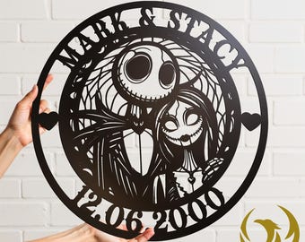 Custom Jack & Sally Wedding Metal Sign Personalized Spooky Couple Wall Art Skeleton Love Anniversary Plaque Home Decor Valentines Name Date