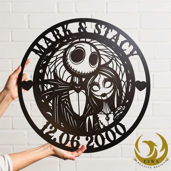 Custom Jack & Sally bruiloft metalen bord Gepersonaliseerde Spooky Couple Wall Art Skeleton Love Anniversary Plaquette Home Decor Valentijnsdag Naam Datum