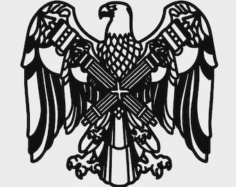 May include: A black graphic illustration of a stylized eagle with wings spread wide. The eagle is depicted with a textured chest and head, clutching two crossed fasces, which are bundles of rods with an axe head, across its central body.