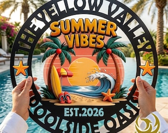 May include: A black metal sign with the words "THE YELLOW VALLEY" and "SUMMER VIBES" in a circular design. The sign features a beach scene with palm trees, a surfboard, and the text "EST.2026". Two orange starfish are attached to the sign.
