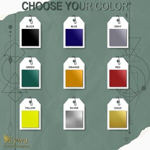 May include: Nine color swatches labeled with the color names: black, blue, gray, green, orange, red, yellow, silver, and gold.