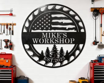 Personalized Metal Garage Sign | American Flag Workshop Decor
