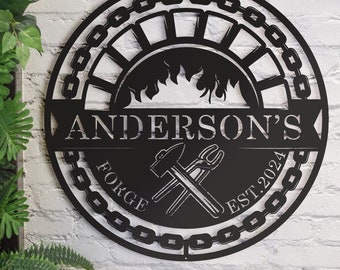 Custom Home Forge Sign - Blacksmith Gift - Hammer Sign - Custom Blacksmith Flame - Anvil & Hammer Forge Metal Sign - Father&#39;s day Present