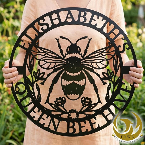 Floral Queen Bee Metal Sign Garden Wall Decor Vintage Nature Art Backyard Beehive Gifts