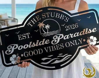 Personalized Poolside Paradise Sign, Outdoor Deck Area Decor, Palm Island Poolside Oasis Signs