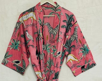 ENTREGA EXPRESS - Batas de kimono de algodón, kimono estampado animal, bata de baño, bata de mujer, regalo de San Valentín