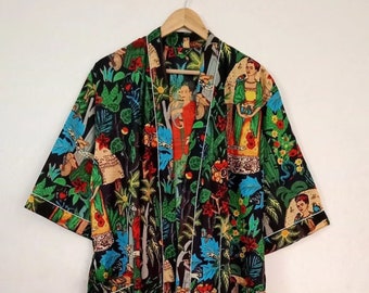 Frida Khalo Robe, Dressing Gown, Unique Gift, Bridesmaid Dress, Kimono Dressing Gown, Loungewear