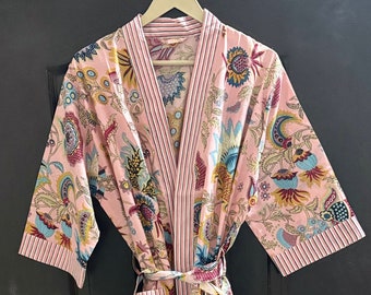 Vestaglia in kimono di cotone, vestaglia da damigella d'onore con stampa a blocchi, biancheria da notte estiva, taglia unica