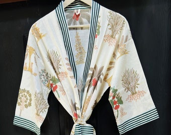 Vestaglia in kimono di cotone, vestaglia da damigella d'onore con stampa a blocchi, biancheria da notte estiva, taglia unica