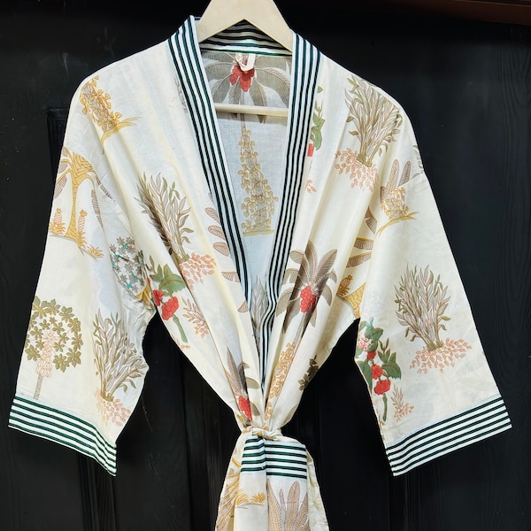Peignoir d'intérieur 100 % coton imprimé à la main kimono tropical - orange exotique exotique Spark Crush Festival Paradise | Robe de plage/maternité confortable