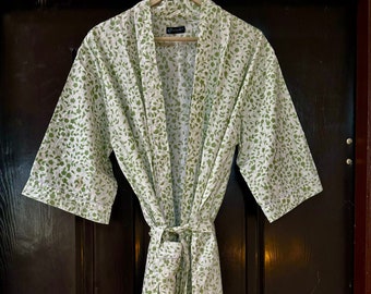 Hand Block Print Kimono Robe, Cotton Bathrobe, Lightweight Cotton Robe, Cotton Dressing Gown, Floral Kimono, Wood Block Printed, Midi Robe