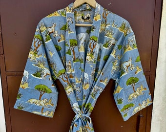 Vestaglia in kimono di cotone, vestaglia da damigella d'onore con stampa a blocchi, biancheria da notte estiva, taglia unica