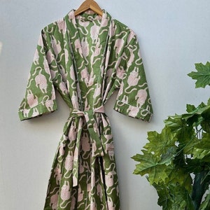 Bata de bata de kimono de algodón, bata de dama de honor con estampado de bloques, ropa de dormir de verano, talla única imagen 3