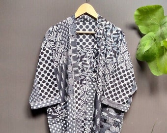 Bata de bata de kimono de algodón, bata de dama de honor con estampado de bloques, ropa de dormir de verano, talla única