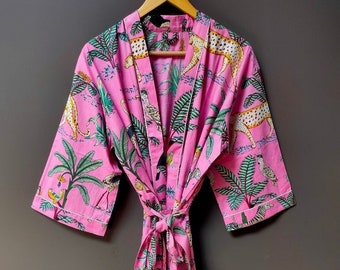 PINK Safari Print Cotton kimono Robe, Bath robes, House Coat Robe, Beach Cover Up, Lounge Wear, Casual wear